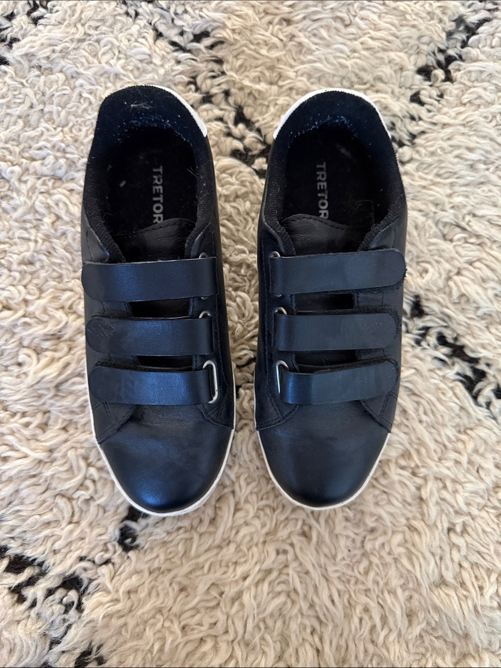 Tretorn Black Leather Velcro Sneakers with White Sole